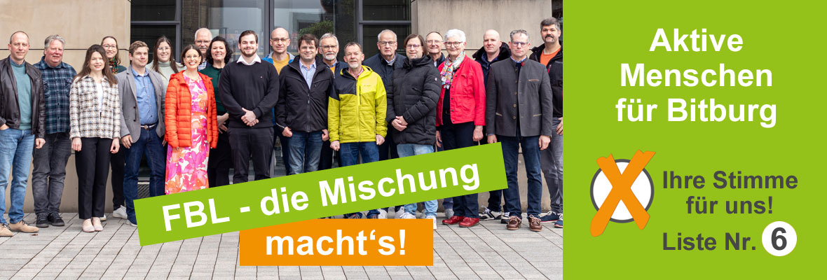 Bannerbild zeigt Gruppenfoto der FBL-Bitburg mit Aufruf zur Wahl
