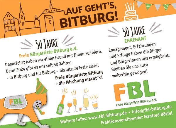 Auf geht's, Bitburg! 50 Jahre FBL Bitburg e.V.! 50 Jahre Ehrenamt! In 2024