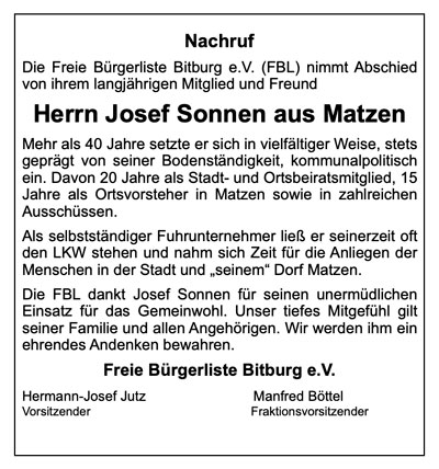 Nachruf Anzeige Josef Sonnen