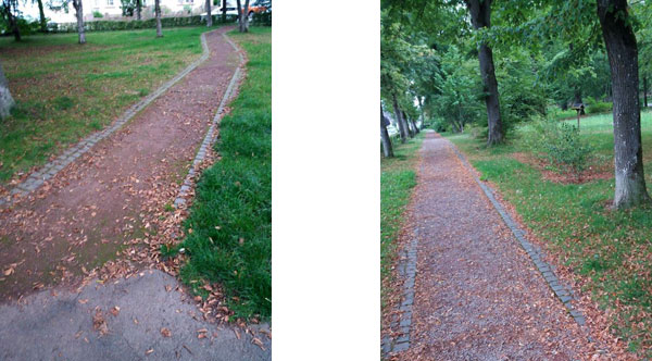 Bild links zeigt Weg durch den Park entlang der Echternacher Straße. Bild rechts zeigt Seitenweg zur Franz-Mecker-Straße.